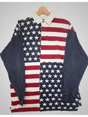 Vintage 90s Structure Brand USA Flag Long Sleeve Polo Shirt Medium #rugby